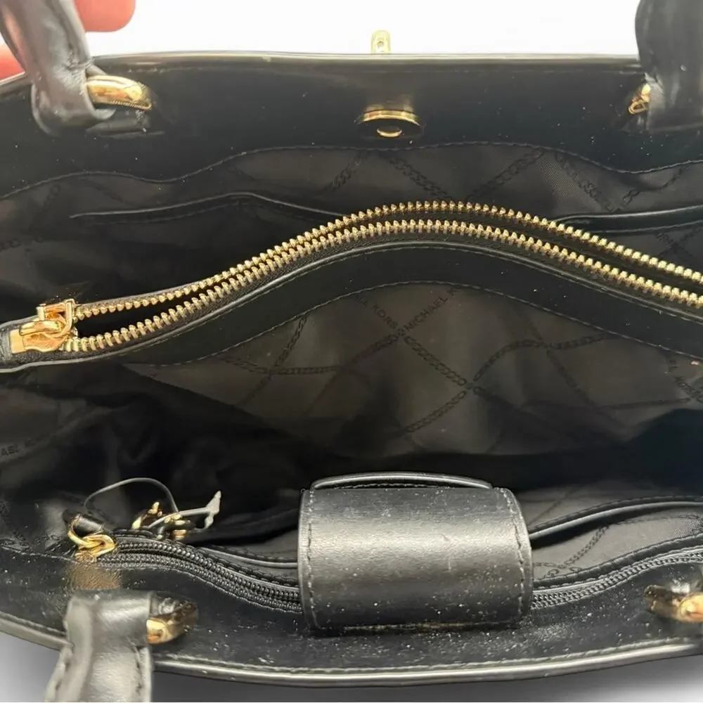Michael Kors Hamilton Lock Tote Brown MK Monogram Leather Trim Large